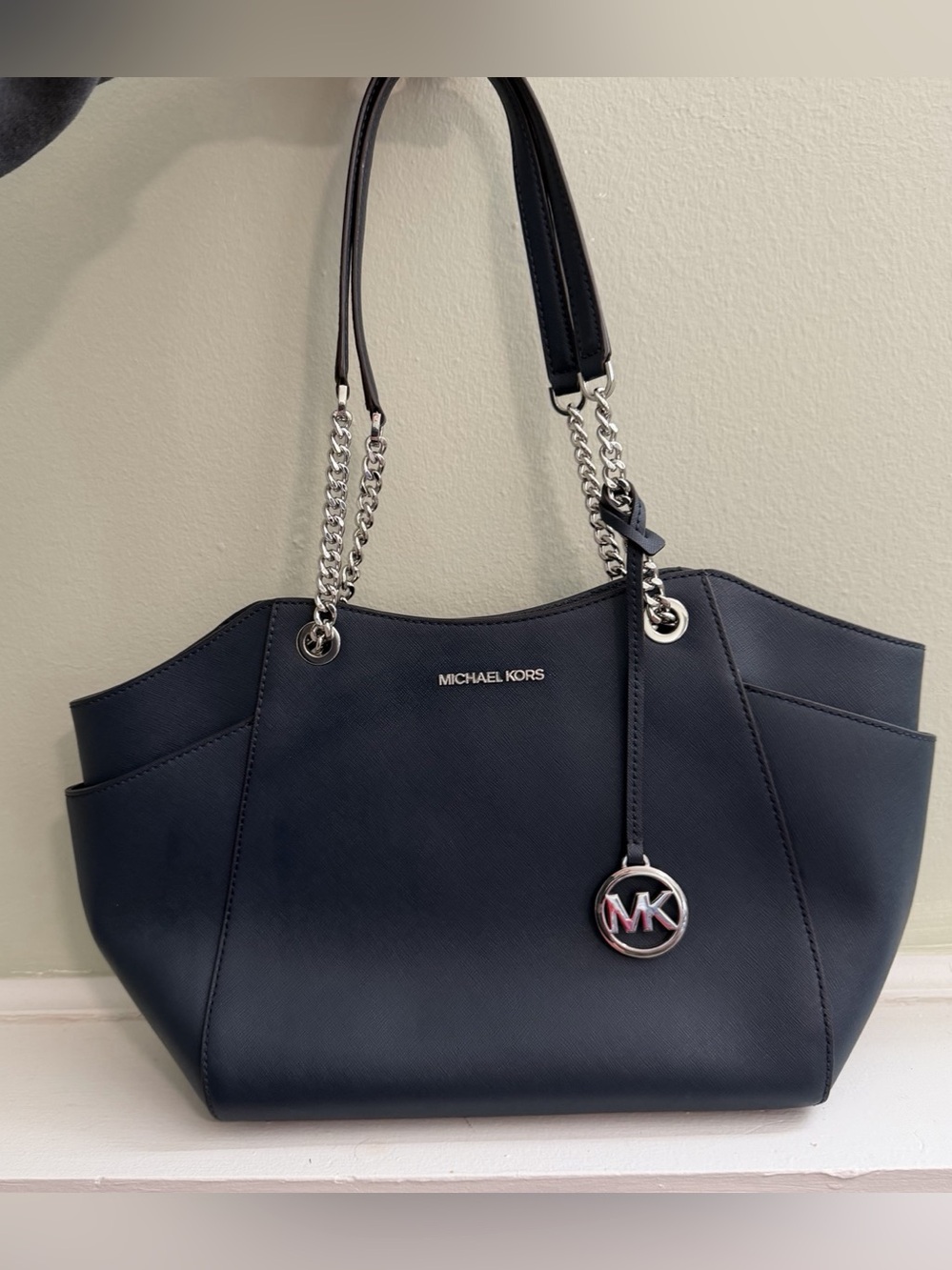 Michael Kors Jet Set Large Saffiano Leather Pocket Tote Bag in Blue